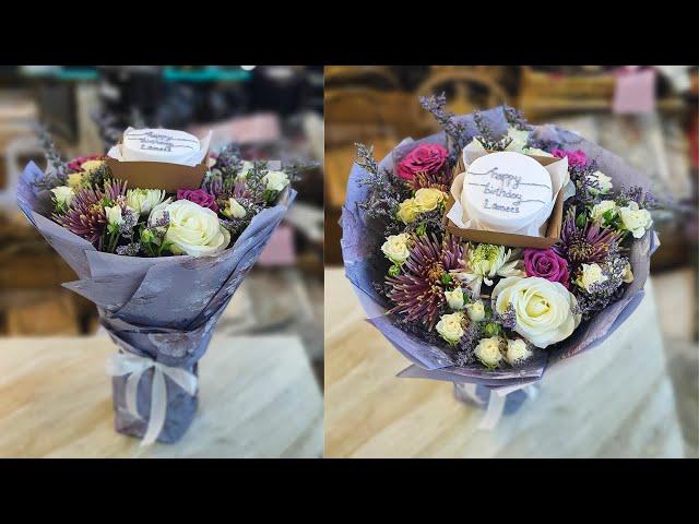 Flowers arrangement with cake | How to make a flower bouquet with cake