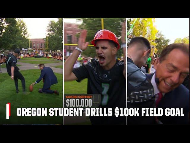 Nick Saban's PERFECT HOLD helps Oregon student DRILL field goal for $100,000  | College GameDay