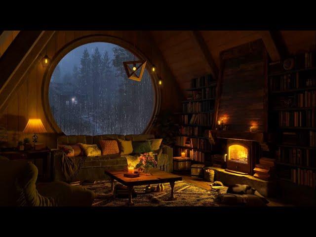 Feeling Rainy Day at Cozy Reading Nook Ambience with Smooth Jazz Music, Rain & Fireplace Sounds ️