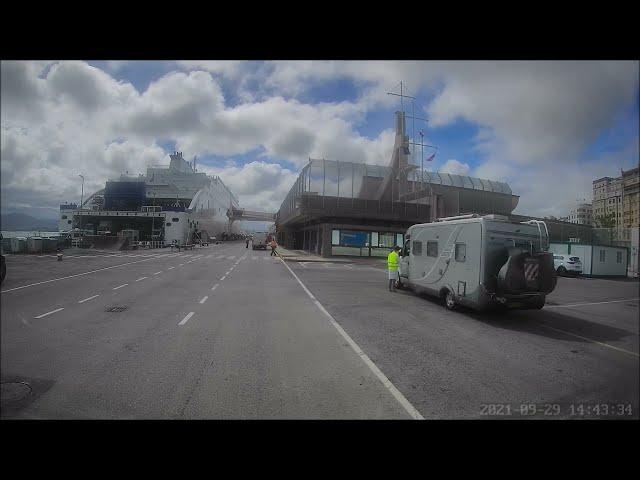 Driving onto the ferry Galicia in Portsmouth, driving off the ferry in Santander. 28/09/2021