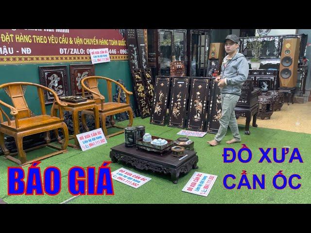 ghế minh đế gỗ nu, tranh tứ quý gỗ trắc cẩn ngà, khay trà khảm ốc