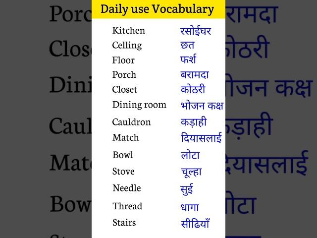 Daily use english words || daily use word meaning in hindi to english || #english #shorts