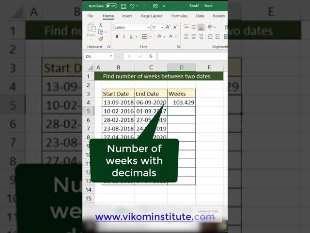 Number of weeks between two dates  #vikaljain  #excel #weeks