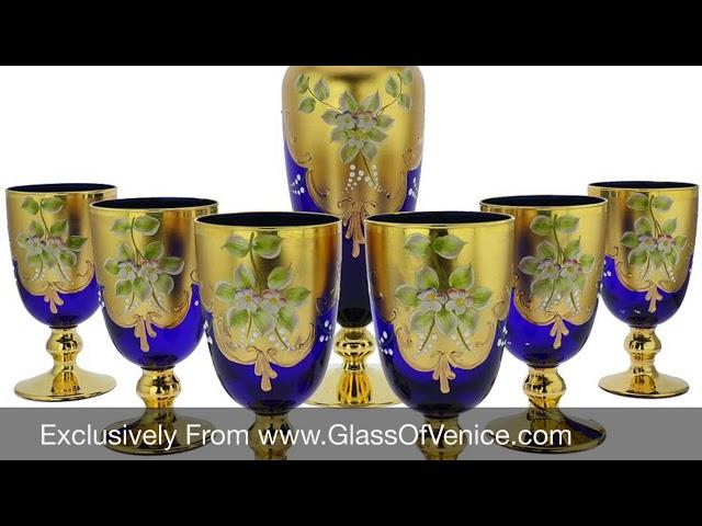 Murano Glass Decanter Set With Six Wine Glasses 24K Gold Leaf   Blue