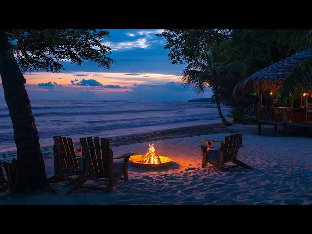 Quiet Beach At Dusk - Reduce Stress, Heal with Ocean Waves, Campfire Sounds, Night Nature Ambience