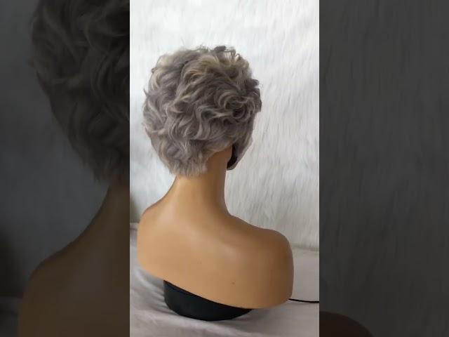 Pixie Cut Gray mixed blonde Human Hair Wig-EM11