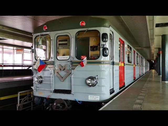 Prague Metro 2024. Retro train Ečs. Journey on line C