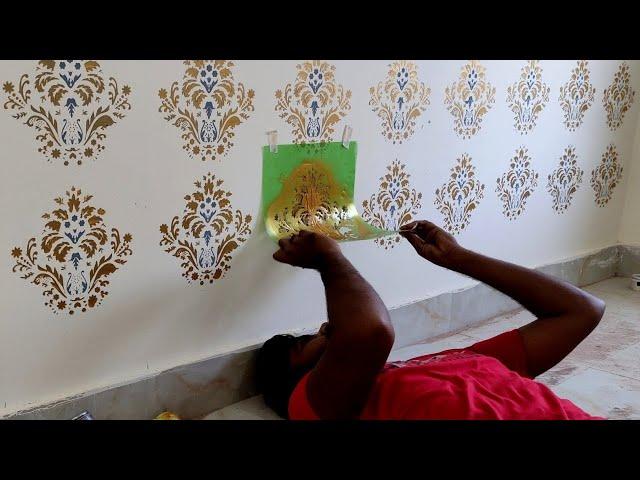 Flower Stencil applying on wall for decoration purpose || Danish Paint & Tech