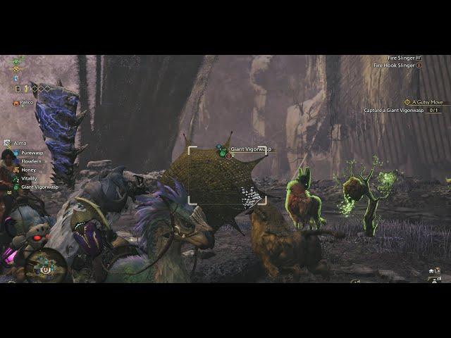 Monster Hunter Wilds, 4K. A Gutsy Move Capture a Giant Vigorwasp and Report To Palico.