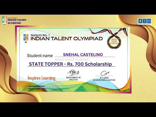 ITO Olympiad Scholarship, State Topper 2019-20 SNEHAL CASTELINO, STATE RANK -6, MANGALURU, KARNATAKA