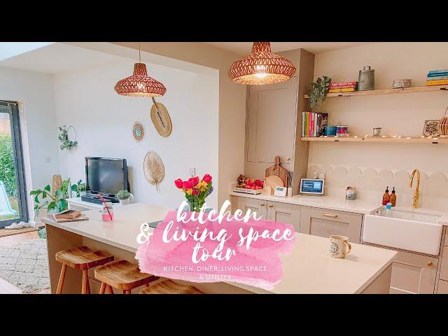 OPEN PLAN KITCHEN TOUR - CASHMERE & GOLD HARDWARE - KITCHEN, DINER, LIVING SPACE & UTILITY