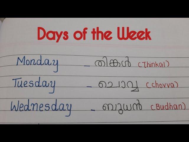 Days of the Week in Malayalam/aazhchayile divasanghal/Divasanghalude perukal