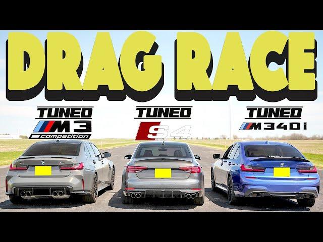 2023 Tuned BMW M3 Xdrive vs Tuned Audi S4 vs Tuned BMW M340i. Drag and Roll Race.