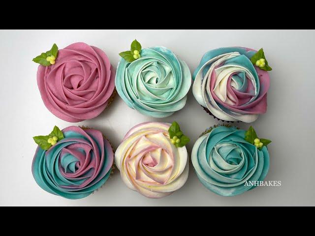 Rosette /Rose buttercream cupcakes with tip1M.6 ways to prepare bag (visit anhbakes.com for recipes)