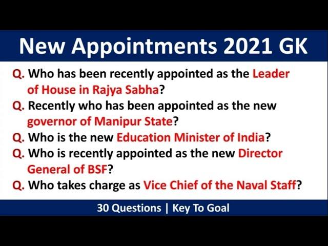 GK on New Appointments in India 2021 | New Appointments 2021 | Present Head in India GK | GK