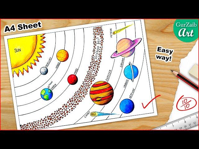 Solar system drawing || A4 size sheet || very easy way - step by step