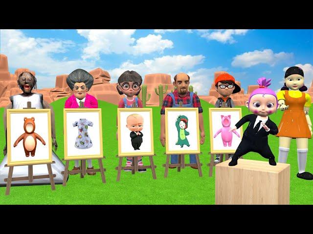 Scary Teacher 3D vs Squid Game Draw and Choose Dress the Baby Doll 5 Times Challenge Who Win?