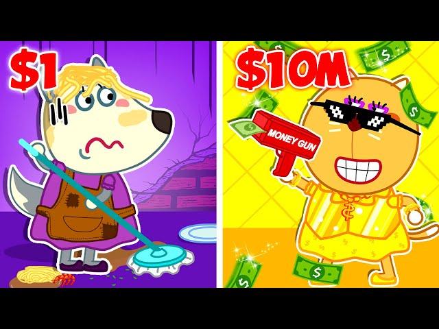 $1 vs $10,000,000 Job With Mommy Wolf | RICH MOM vs POOR MOM | Cartoons for Kids