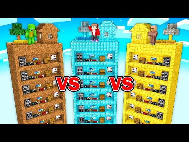 Mikey EARTH vs JJ DIAMOND vs Villager GOLD CHUNK Survival Battle in Minecraft  - Maizen