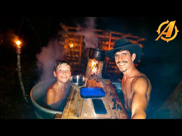 Father Son Overnight Camping In Bushcraft Log Cabin + Primitive Clay Stove Build