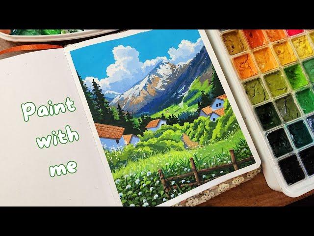 Gouache Landscape Painting | Ghibli Inspired landscape | COZY Painting | Paint with me