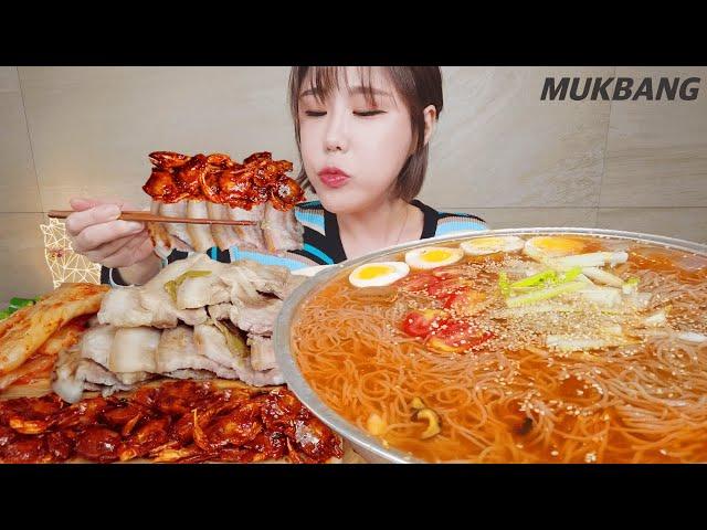 SUB) Boiled Pork belly Kimchi Spicy Crab Cold Noodles Hot pepper Crispy REAL SOUND ASMR MUKBANG