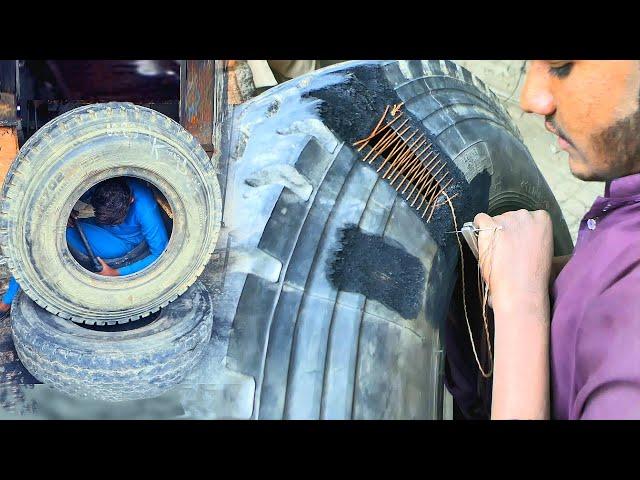 Amazing skill of Repairing a Hard Impact Sidewall Truck Tire