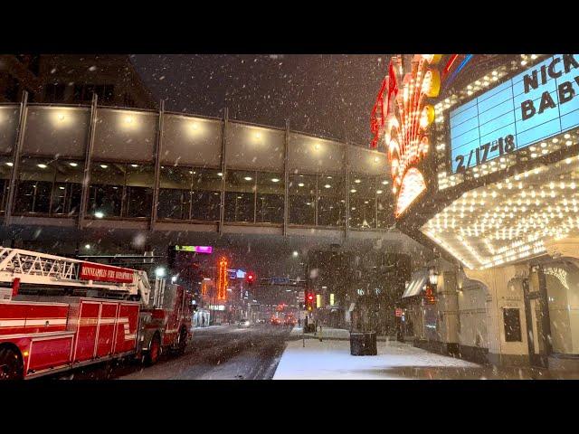 Downtown Minneapolis: Night Walk During a Snowstorm 4K |  Hennepin Ave and Nicollet Mall 2024