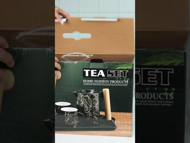 Emerald Tea Cup & Tea Pot Set with Wooden Cup Organizer Stand