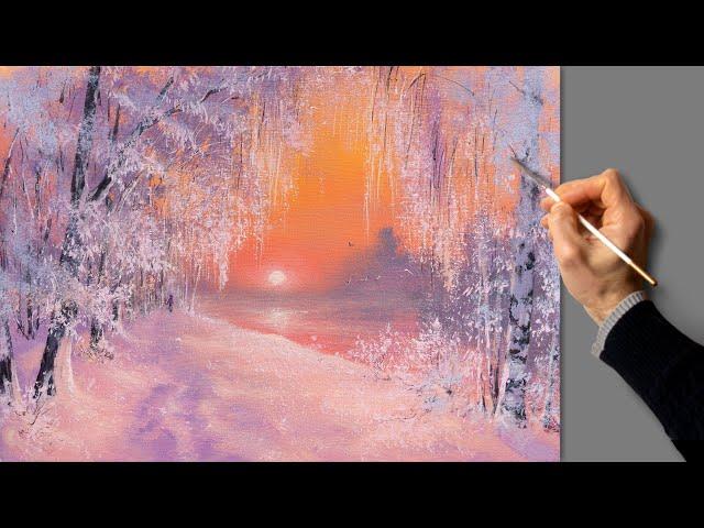  Acrylic Landscape Painting - Winter Magic / Easy Art / Drawing Sunset /  Satisfying Relaxing