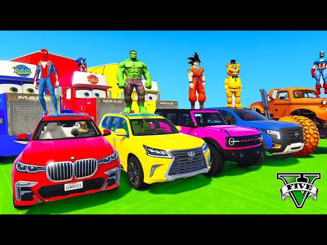 SPIDERMAN CARS Racing Challenge on FREE FALL Rampa ! SUPERHERO HULK IronMan Goku JEEP SUV - GTA 5