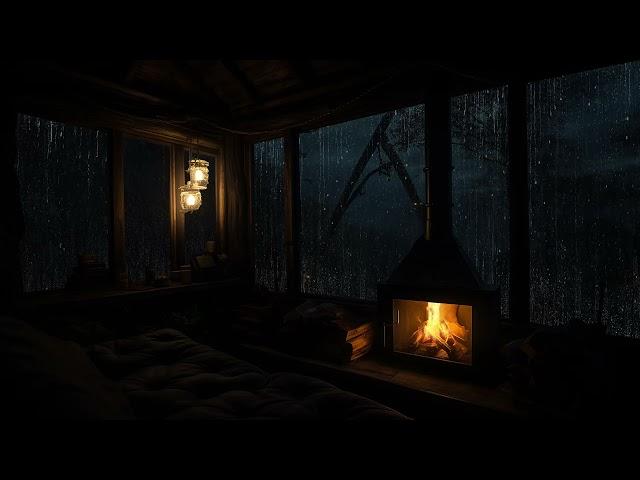 Rainy Night Ambient in a Cozy Cabin | Fireplace Sounds and Rainfall for Relaxation