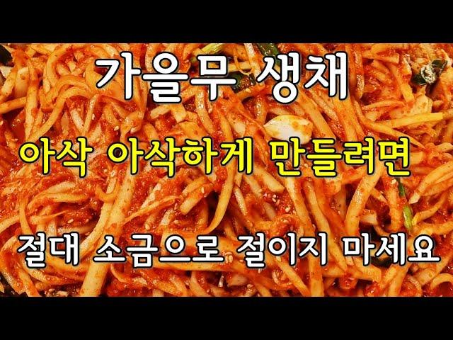 가을무 무생채  아삭아삭 식감 소금에  절임 노노 가을 무로 만드는 무생채  아삭아삭하면서 새콤달콤 너무 맛있어요