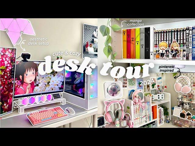 cute & cozy desk setup tour : aesthetic, pinterest inspired, manga collection (2024)