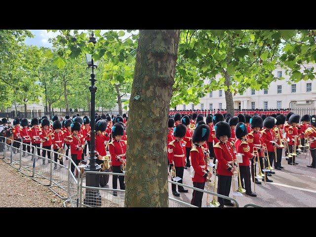 Massed bands 3 of 5 marching to Horse Guards Parade for  Colonel Review Trooping the Colour 2024