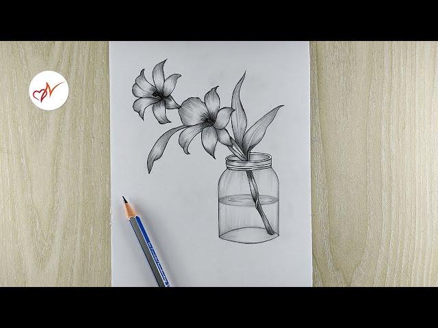 How to draw beautiful orchid flowers in a jar | Step by step pencil sketch drawing