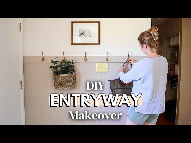 DIY ENTRYWAY MAKEOVER ON A BUDGET | small entryway storage idea & how to install beadboard half-wall