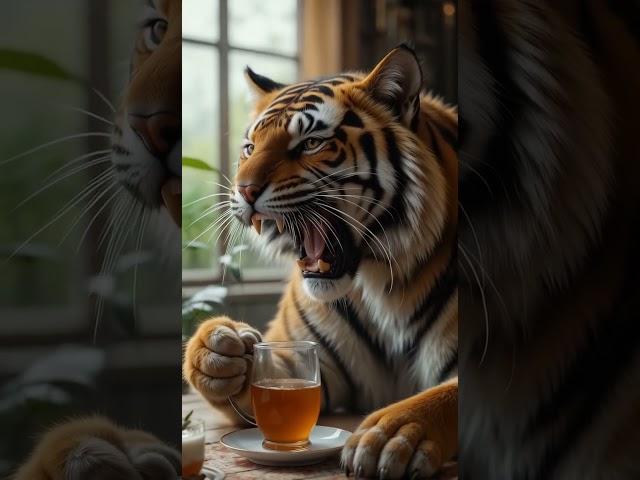 Tiger roars — cat unmoved, sipping tea like a boss 