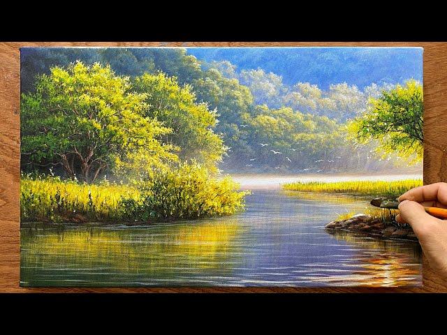 How to paint landscapes of trees and water / Acrylic landscape painting / Art painting