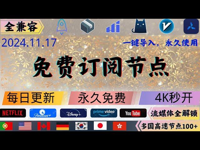 2024.11.17 科学上网免费节点分享，解锁奈飞，ChatGPT，晚高峰4K秒开，欧美日韩多国节点数量100+，v2ray，clash，小火箭,一键导入，永久使用#科学上网 #免费节点 #节点分享