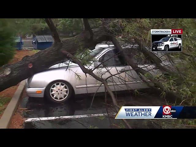 KMBC's First Alert Meteorologist Nick Bender at storm damage in Overland Park.