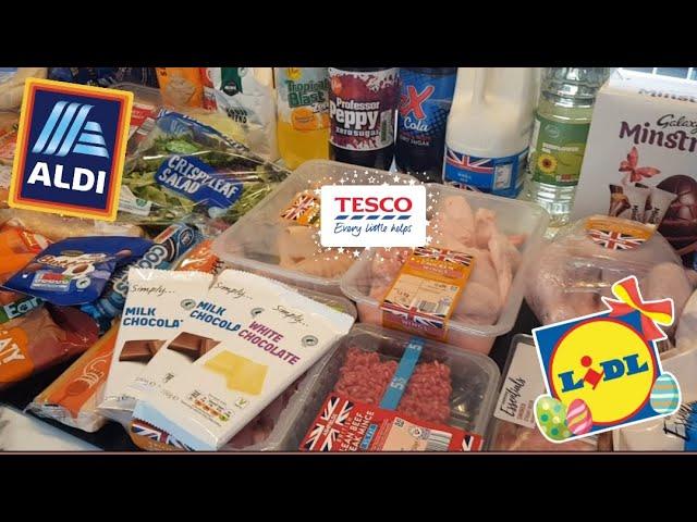 Aldi, Lidl, Tesco and Homebargains UK Grocery Haul, £63 with prices. Preparing for Easter.