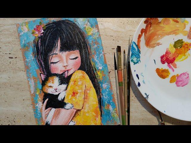 ЛЮБИМАЯ КОШКА /МАСТЕР КЛАСС ЖИВОПИСИ АКРИЛОМ / GIRL WITH CAT#українськийконтент #art #painting