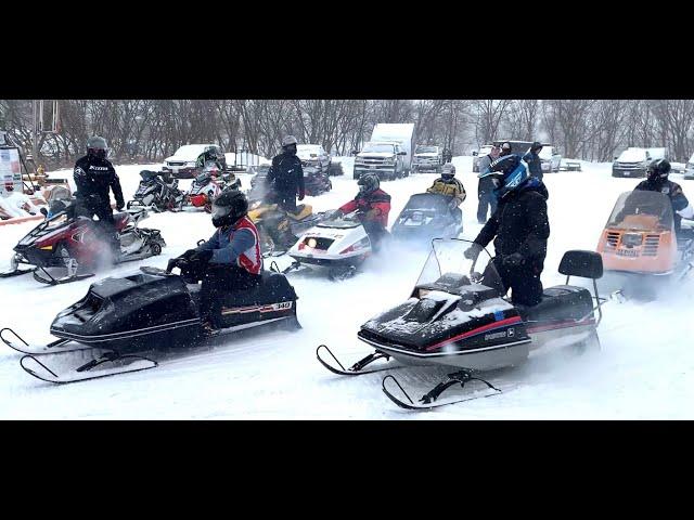 Vintage Sleds Starting and Driving Away Antique Snowmobile Show Ride 2021