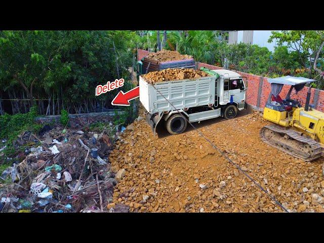 Open Job!! Filling Land by Dump truck 5Ton With Skillful Bulldozer KOMATSU D31-A push soil, mix VDO