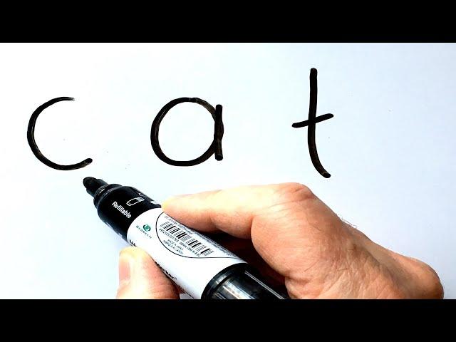 How to Turn Words Cat into a Cartoon - Drawing on Whiteboard Step by Step