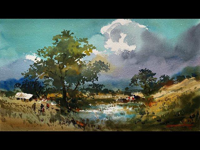 How to Paint Watercolour Scenery | Watercolor Landscape Painting Tutorial | Shahanoor Mamun