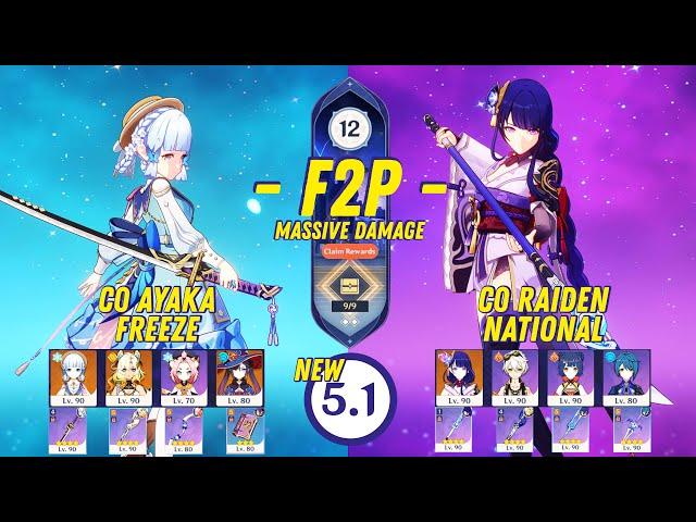 F2P Abyss 5.1 - C0 Ayaka Freeze & C0 Raiden National - Genshin Impact