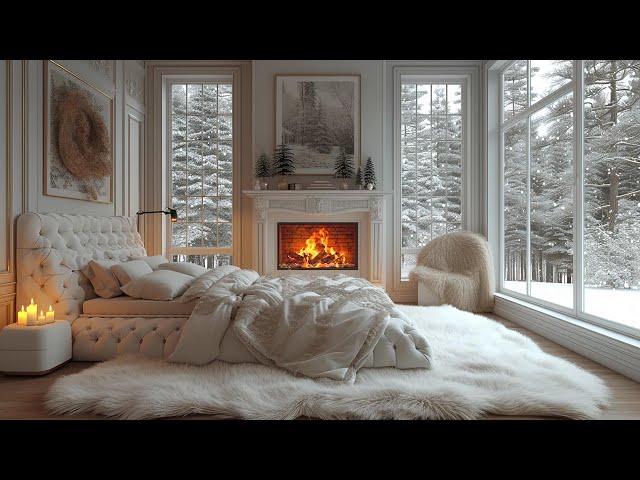 Warm Winter Jazz in The Luxurious Bedroom With Fireplace | Jazz Background Music for Work, Study