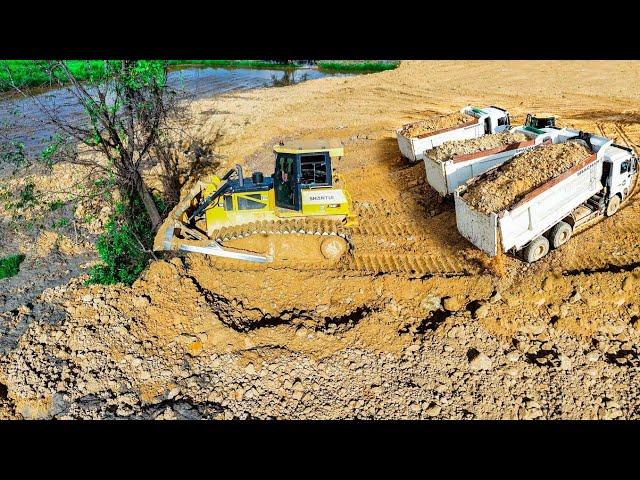 Wonderful Large LANDFILL project By Expert Skill Driver Dozer SHANTUi Pushing SoilRock &  Dump truck